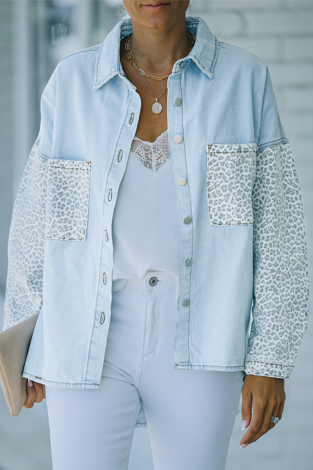 Sky Blue Contrast Leopard Denim Jacket Sky Blue 83%Cotton+17%Polyester Denim Jackets JT's Designer Fashion