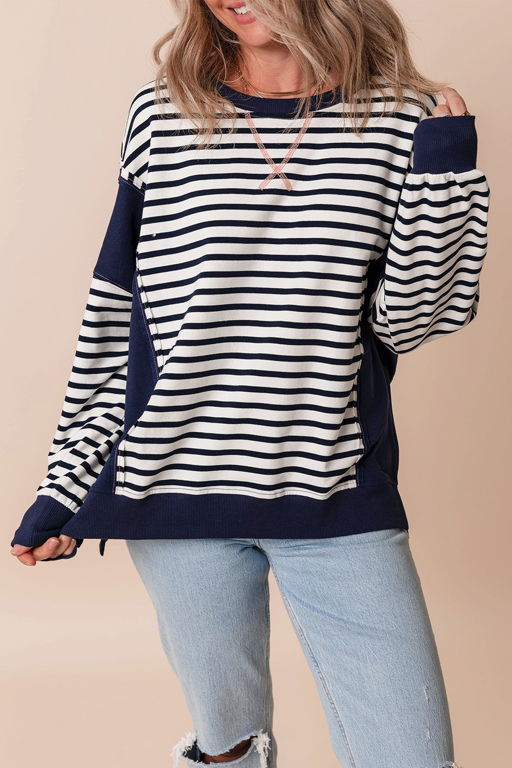 White Stripe Color Block Exposed Seam Loose Fit Sweatshirt Sweatshirts & Hoodies JT's Designer Fashion