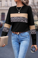 Khaki Leopard Colorblock Patchwork Crew Neck Long Sleeve Tee Long Sleeve Tops JT's Designer Fashion
