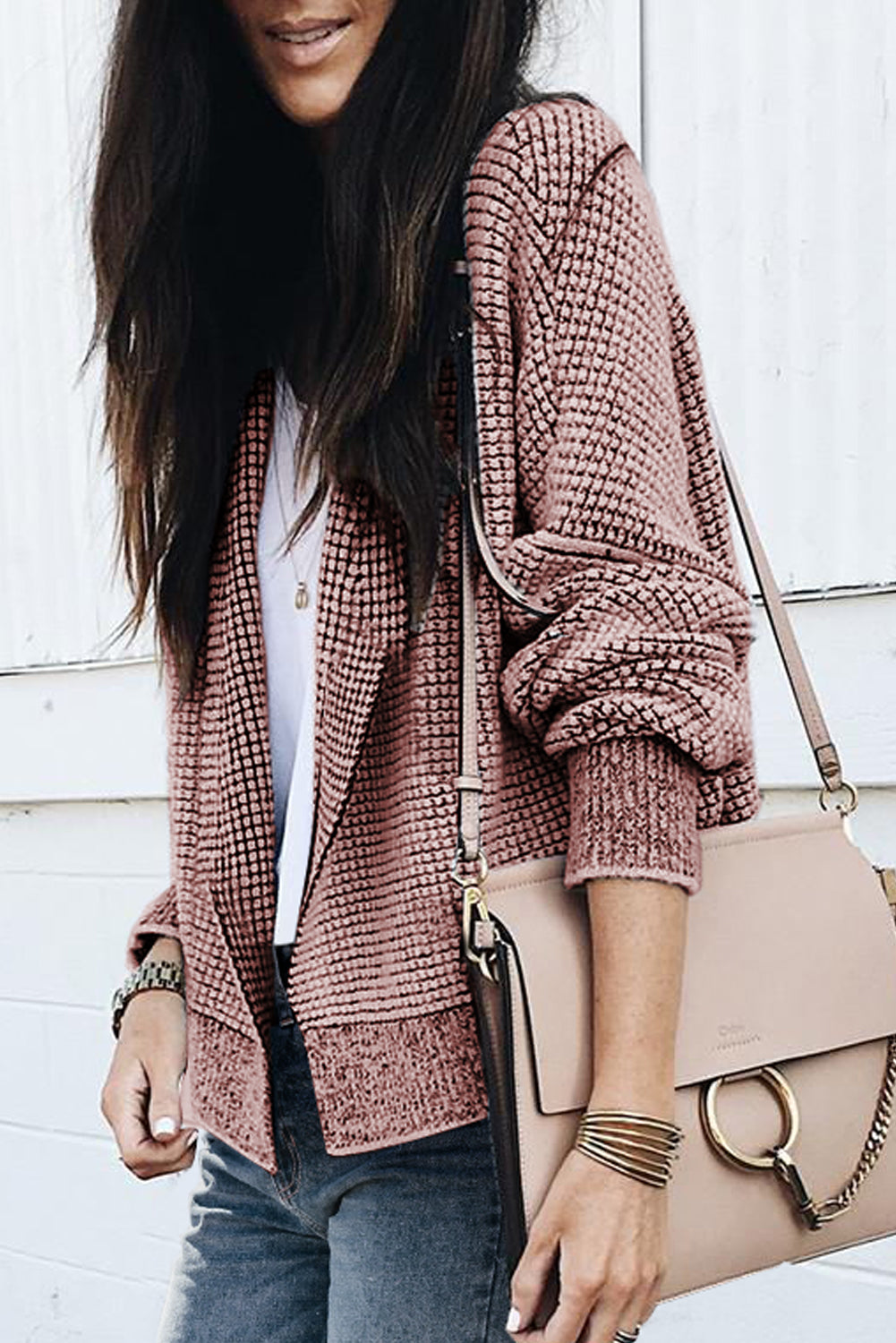 Peach Blossom Plaid Contrast Trim Open Front Cardigan Sweaters & Cardigans JT's Designer Fashion