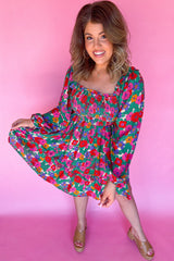 White Plus Size Floral Frilled Square Neck Shirred Long Sleeve Dress Plus Size Mini Dresses JT's Designer Fashion