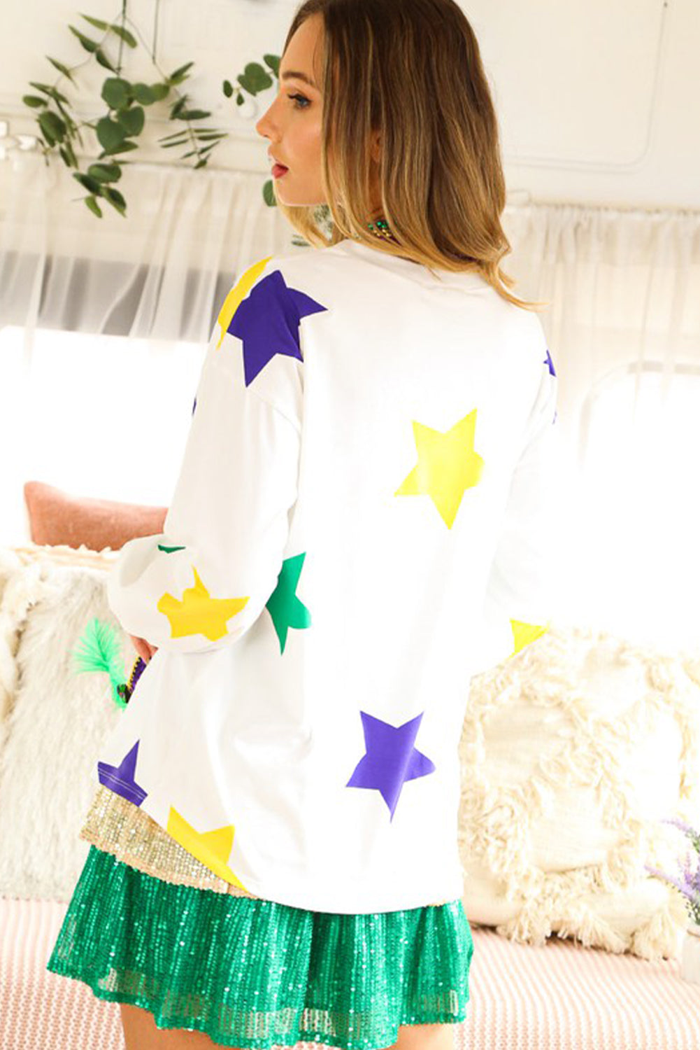 White Mardi Gras Star Printed Long Sleeve Top Long Sleeve Tops JT's Designer Fashion
