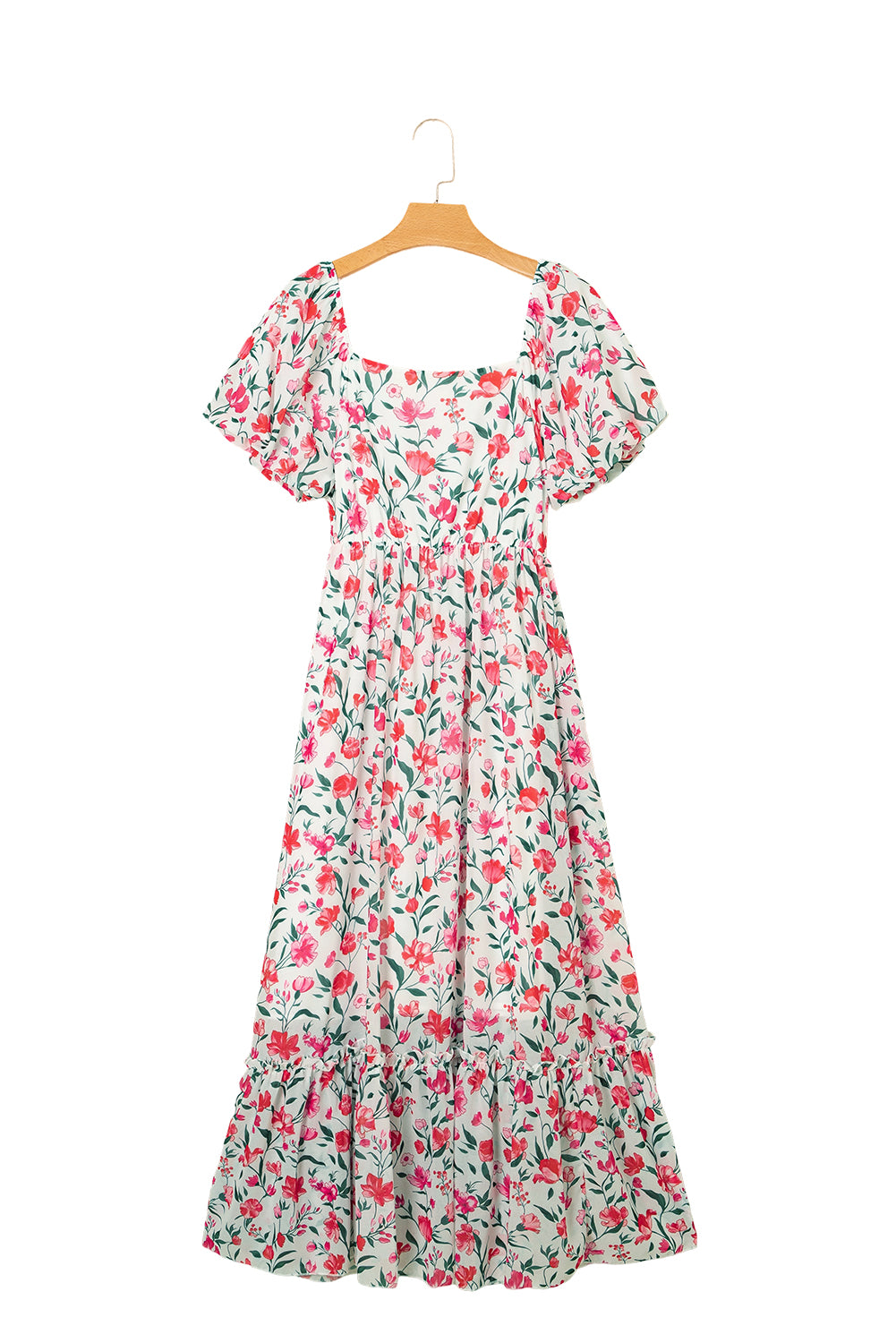 Pink Floral Puff Sleeve Square Neck Empire Waist Tiered Maxi Dress Floral Dresses JT's Designer Fashion