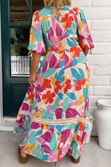 Rose Red Floral Knot Puff Sleeve V Neck Buttoned Front Split Lace Maxi Dress Floral Dresses JT's Designer Fashion