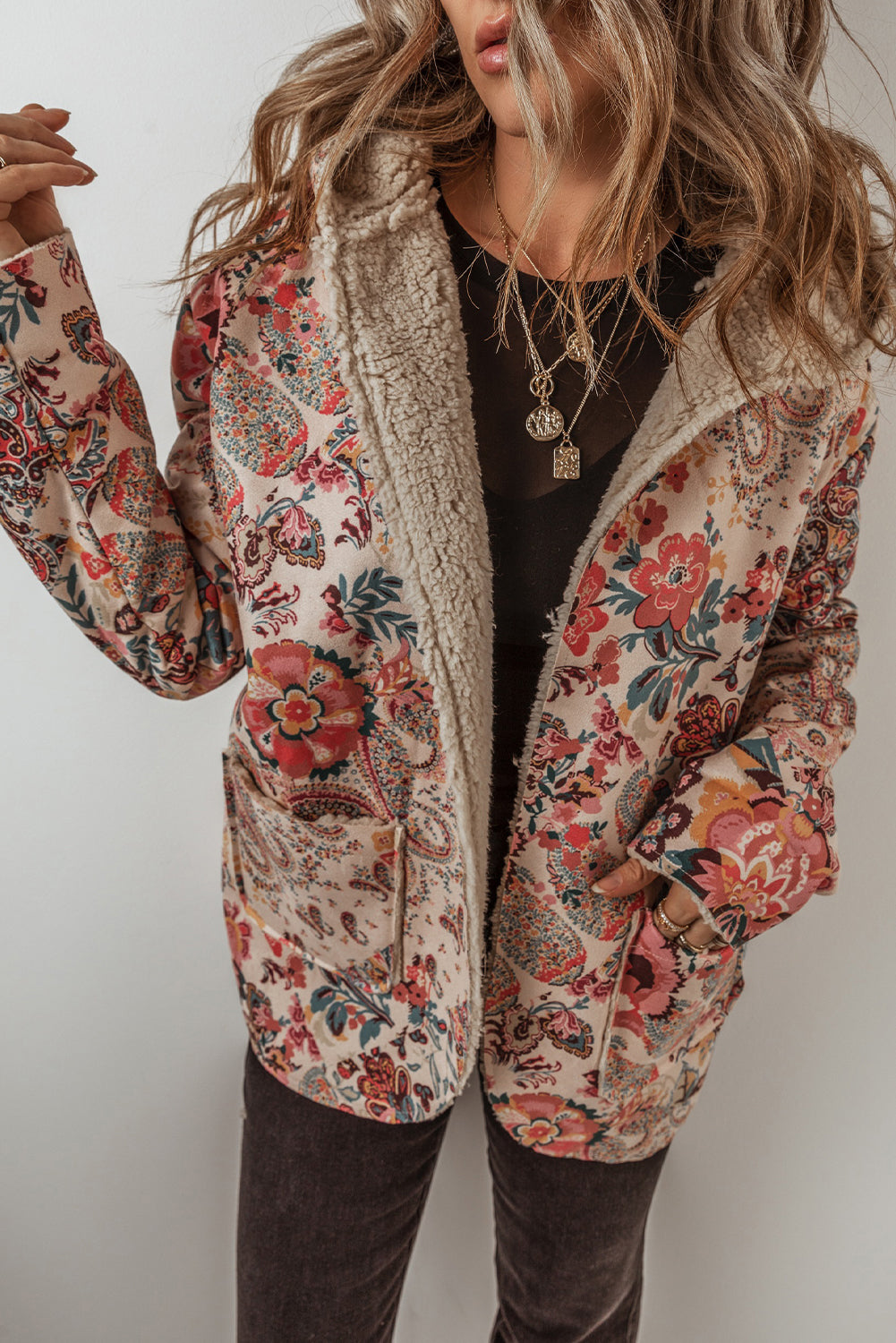 Beige Vintage Paisley Floral Printed Sherpa Lined Hooded Jacket Jackets JT's Designer Fashion