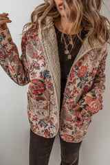 Beige Vintage Paisley Floral Printed Sherpa Lined Hooded Jacket Jackets JT's Designer Fashion