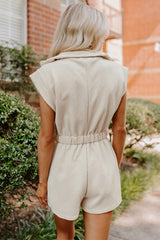 Jet Stream Textured Zipped Front V Neck Collared Casual Romper Jumpsuits & Rompers JT's Designer Fashion