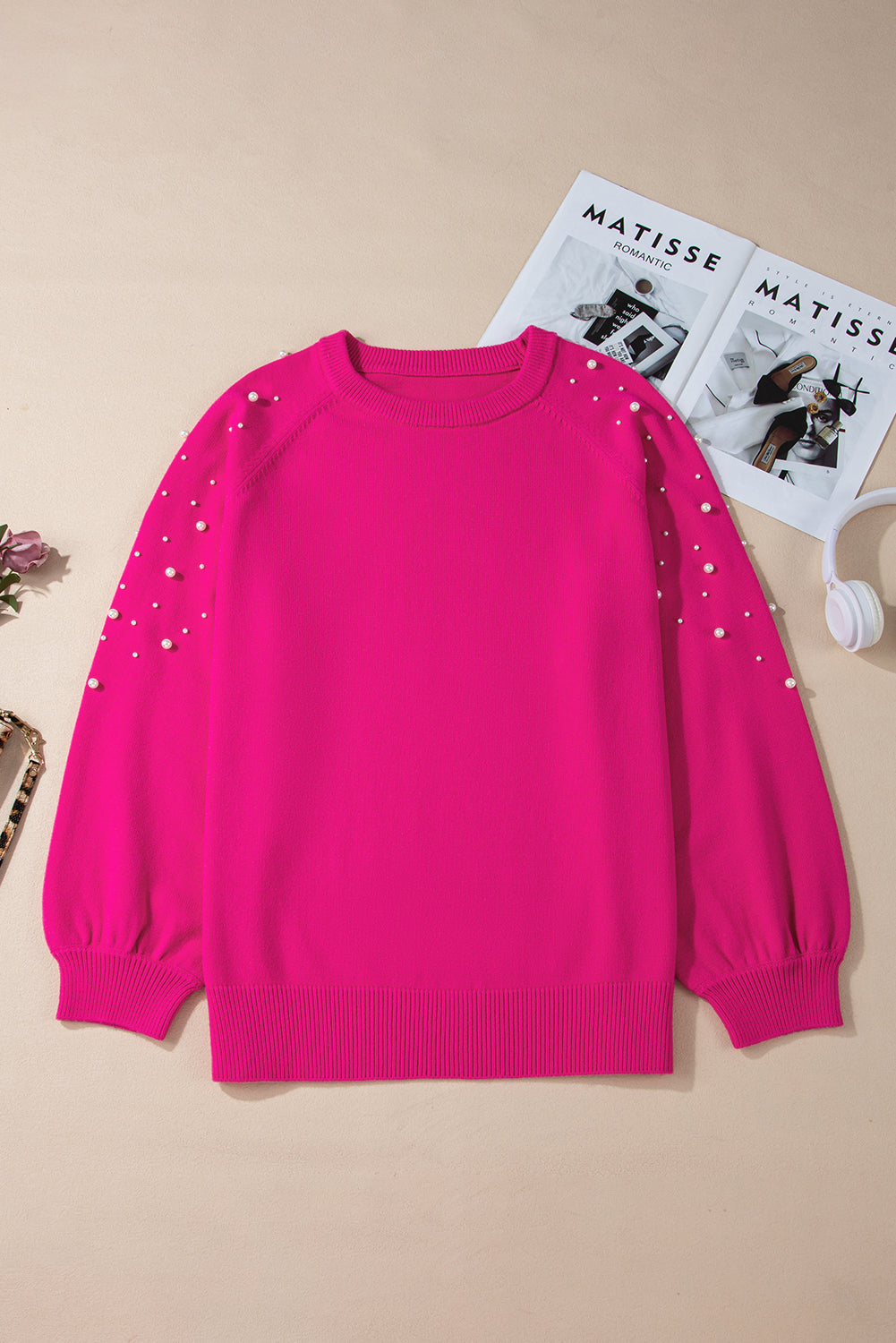 Strawberry Pink Pearled Decor Raglan Sleeve Plus Size Sweater Plus Size Sweaters & Cardigans JT's Designer Fashion