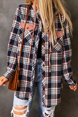 Pink Contrast Hooded Drawstring Plaid Shacket Plaid Shackets JT's Designer Fashion