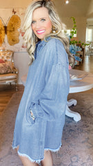 Beau Blue Risen Medium Washed Denim Shirt Dress Mini Dresses JT's Designer Fashion