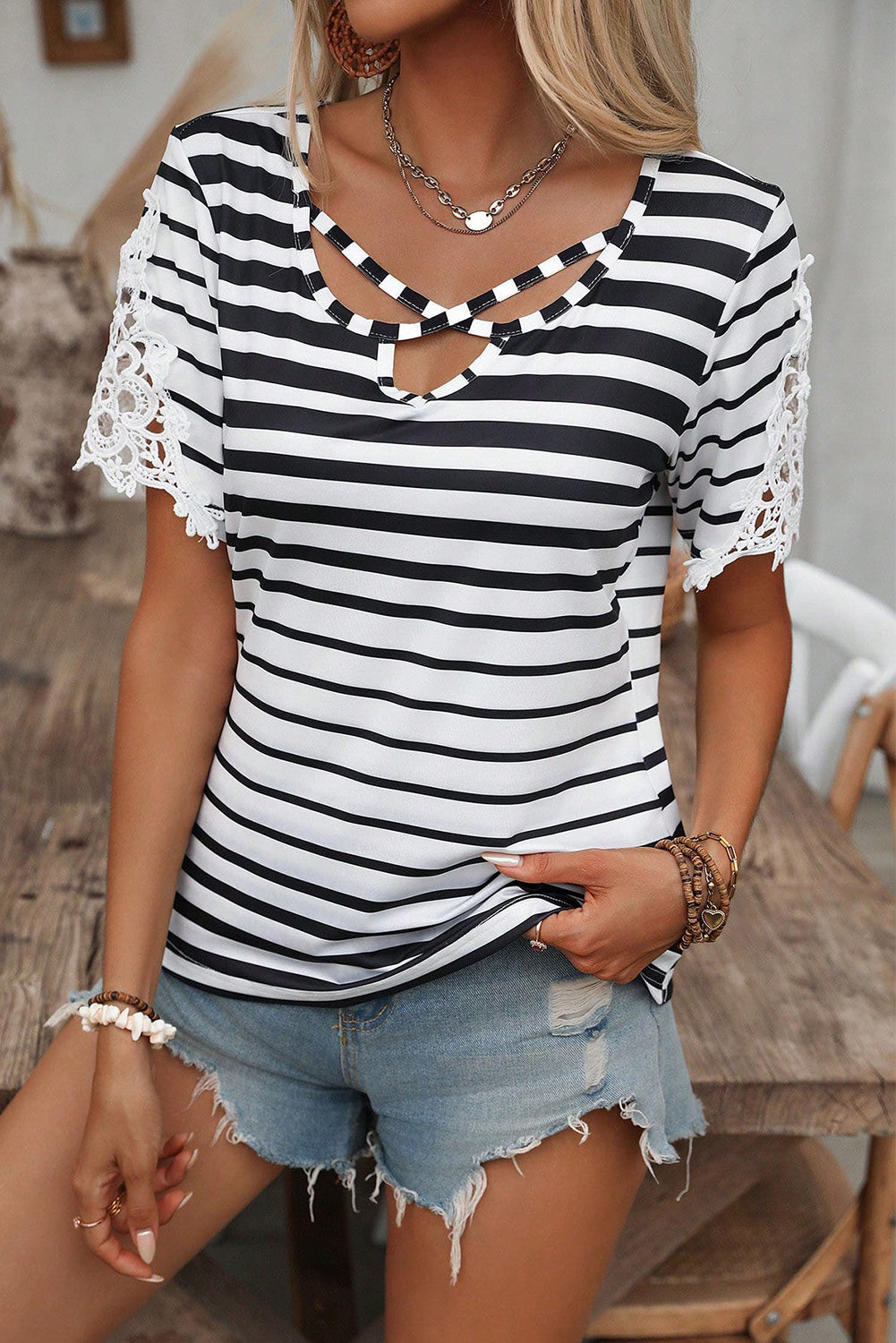 Black Stripe Cross Straps Hollowed Neck Lace Splicing Short Sleeve Blouse Blouses & Shirts JT's Designer Fashion