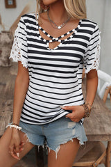 Black Stripe Cross Straps Hollowed Neck Lace Splicing Short Sleeve Blouse Blouses & Shirts JT's Designer Fashion