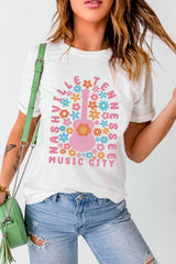 White Floral Guitar NASHVILLE Slogan Graphic T Shirt Graphic Tees JT's Designer Fashion