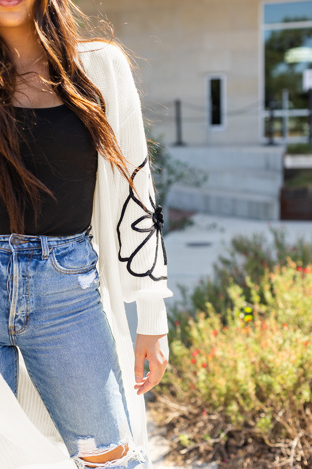 Beige Flower Embroidered Drop Shoulder Open Front Duster Cardigan Cardigans JT's Designer Fashion