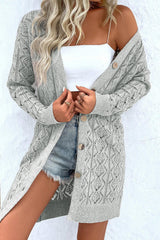 Gray Hollow Out Buttons Front Long Cardigan Cardigans JT's Designer Fashion