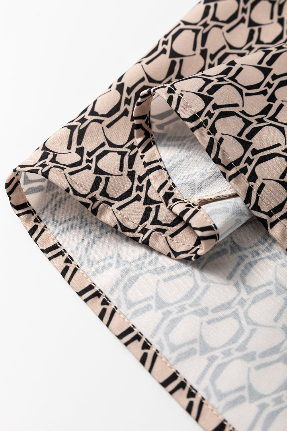 Khaki Geometric Print Notched Neck Puff Sleeve Blouse Blouses & Shirts JT's Designer Fashion