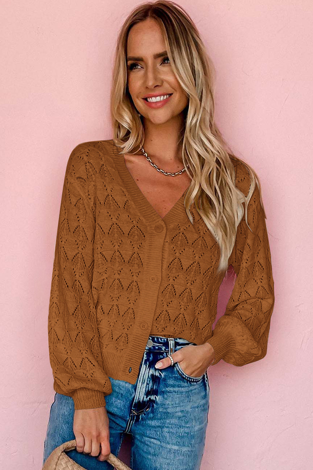 Brown Lightweight Buttoned Front Crochet Cardigan Cardigans JT's Designer Fashion