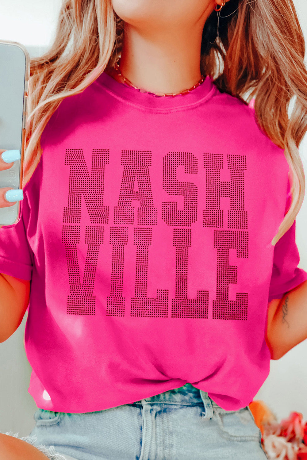 Rose Red NASHVILLE Rhinestone Crew Neck Graphic Tee Graphic Tees JT's Designer Fashion