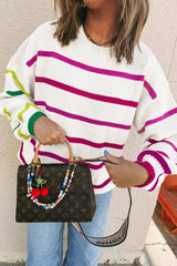 White Colorful Striped Drop Shoulder Crew Neck Sweater Sweaters JT's Designer Fashion
