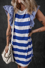 Sky Blue Stripe Contrast Ruffled Sleeve T-shirt Dress T Shirt Dresses JT's Designer Fashion