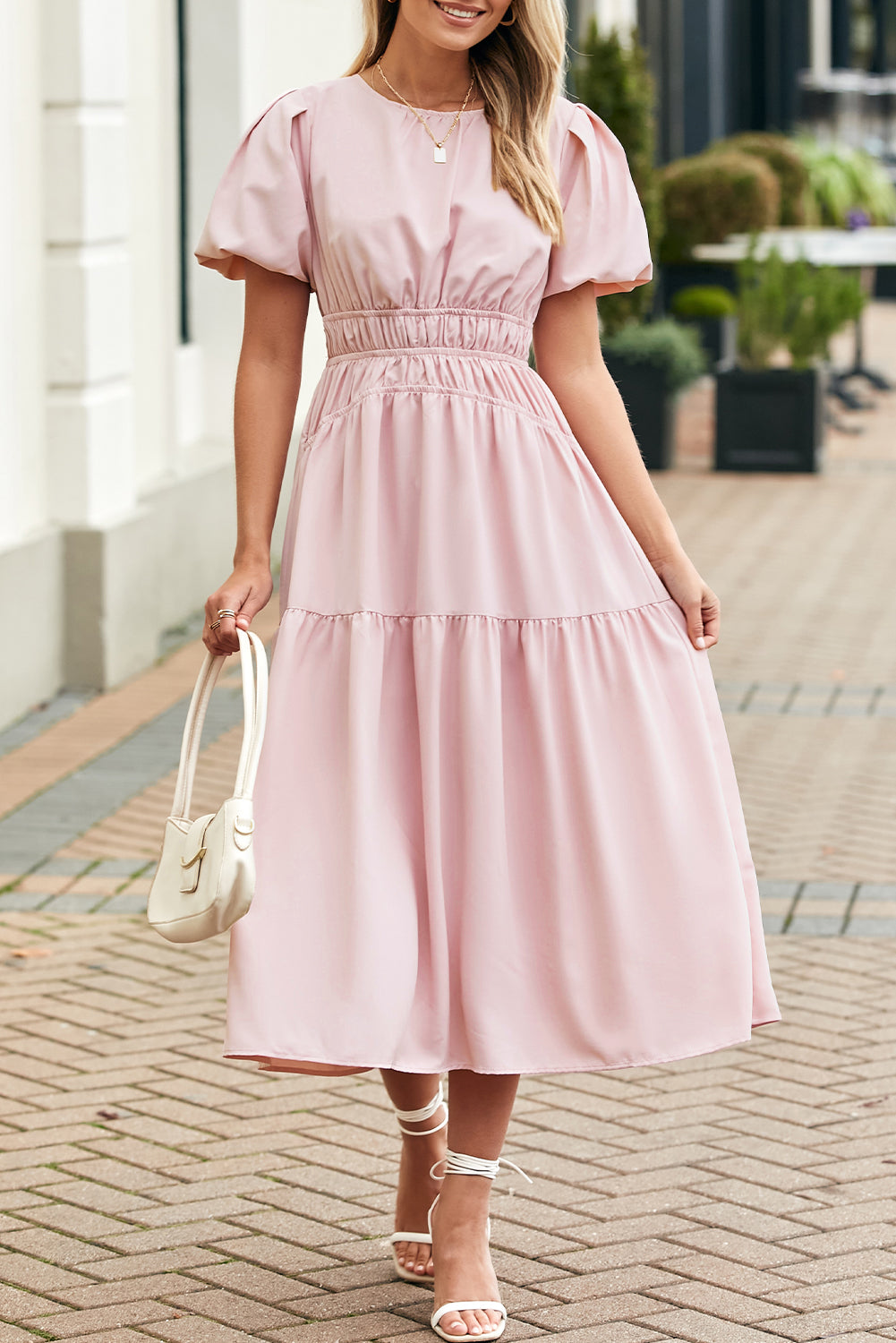 Pink Puff Sleeve Pleated High Waist Flowy Long Dress Maxi Dresses JT's Designer Fashion