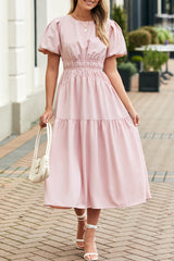 Pink Puff Sleeve Pleated High Waist Flowy Long Dress Maxi Dresses JT's Designer Fashion