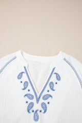 White Paisley Embroidered Textured Split Neck Long Puff Sleeve Blouse Blouses & Shirts JT's Designer Fashion