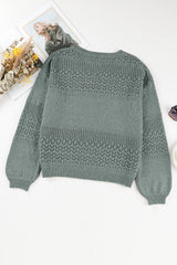 Mist Green Eyelet Pattern Detail V Neck Drop Shoulder Sweater Sweaters JT's Designer Fashion