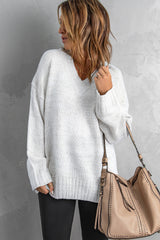 White V neck Drop Shoulder Knitted Sweater Sweaters & Cardigans JT's Designer Fashion