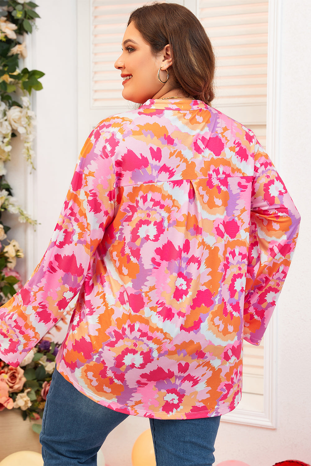 Pink Plus Size Abstract Floral Print V Neck Blouse Plus Size Blouses & Shirts JT's Designer Fashion