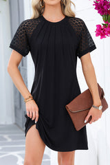 Black Contrast Lace Raglan Sleeve Pleated Detail Shift Dress T Shirt Dresses JT's Designer Fashion