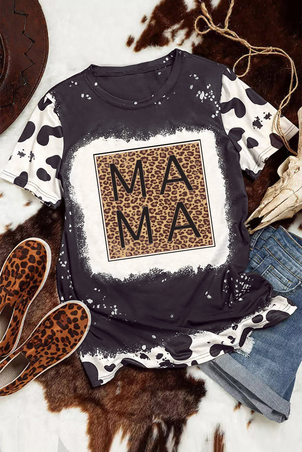 Black Leopard MAMA Graphic Tie Dye Casual Tee Graphic Tees JT's Designer Fashion
