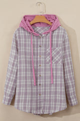 Pink Checkered Print Loose Fit Buttoned Hooded Shacket Plaid Shackets JT's Designer Fashion
