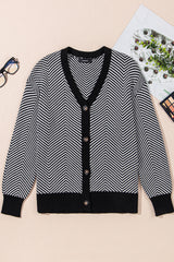 White Stripe Buttoned Front V Neck Herringbone Cardigan Cardigans JT's Designer Fashion