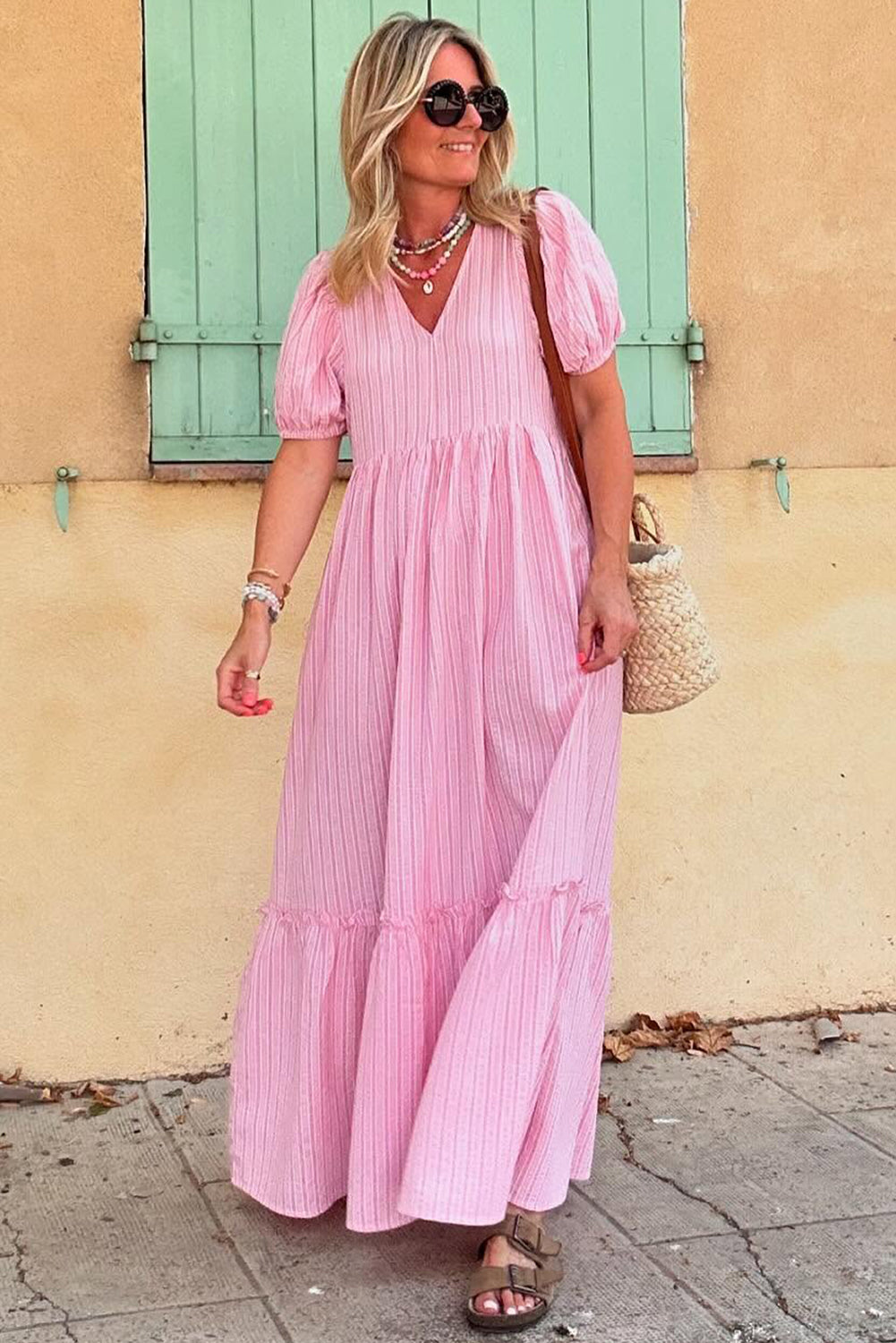 Pink Stripe V Neck Puff Short Sleeve Long Dress Maxi Dresses JT's Designer Fashion