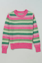 Green Color Block Ribbed Edge Round Neck Sweater Sweaters JT's Designer Fashion