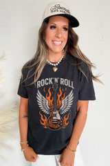 Black Guitar Wings Slogan Print Crew Neck T Shirt Graphic Tees JT's Designer Fashion