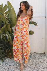 Orange Floral V Neck Wide Leg Sleeveless Jumpsuit Jumpsuits & Rompers JT's Designer Fashion