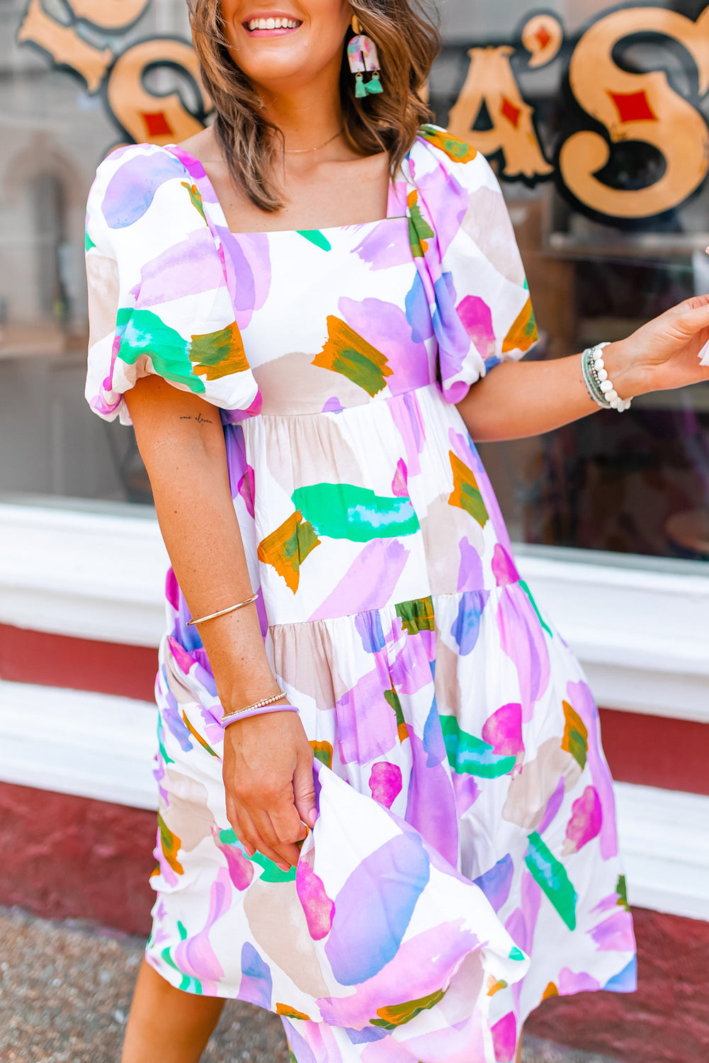Purple Abstract Print Puff Sleeve Smocked Back Midi Dress Dresses JT's Designer Fashion