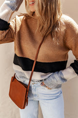 Brown Color Block Striped Ribbed Knit Sweater Sweaters JT's Designer Fashion