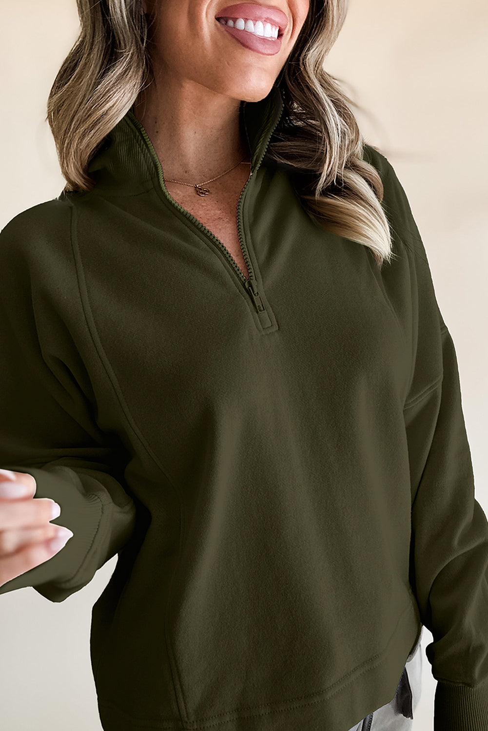 Jungle Green Zipped Neck Pullover Drop Shoulder Sweatshirt Sweatshirts & Hoodies JT's Designer Fashion