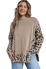 Khaki Leopard High Neck Side Slit Oversized Sweater Sweaters & Cardigans JT's Designer Fashion
