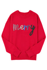 Fiery Red Tinsel Merry Letter Drop Shoulder Baggy Sweater Sweaters JT's Designer Fashion
