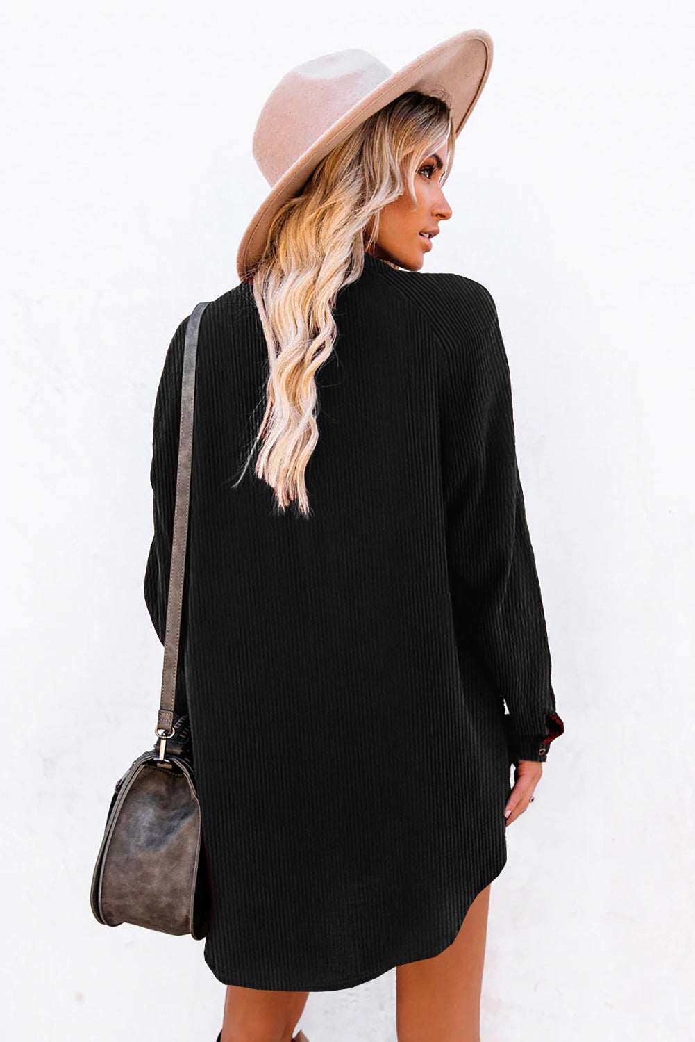 Black Corduroy Shirt Style Full Button Long Sleeve Shift Mini Dress Mini Dresses JT's Designer Fashion