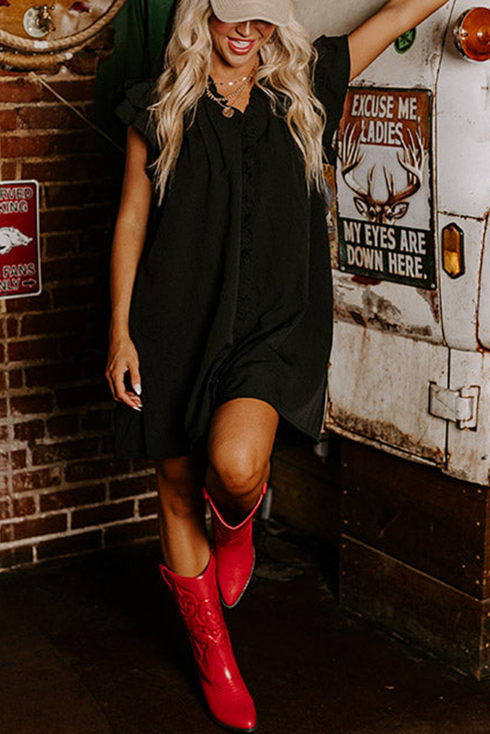 Black Frilled V Neck Pleated Ruffle Detail Short Shift Dress Mini Dresses JT's Designer Fashion