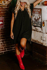 Black Frilled V Neck Pleated Ruffle Detail Short Shift Dress Mini Dresses JT's Designer Fashion