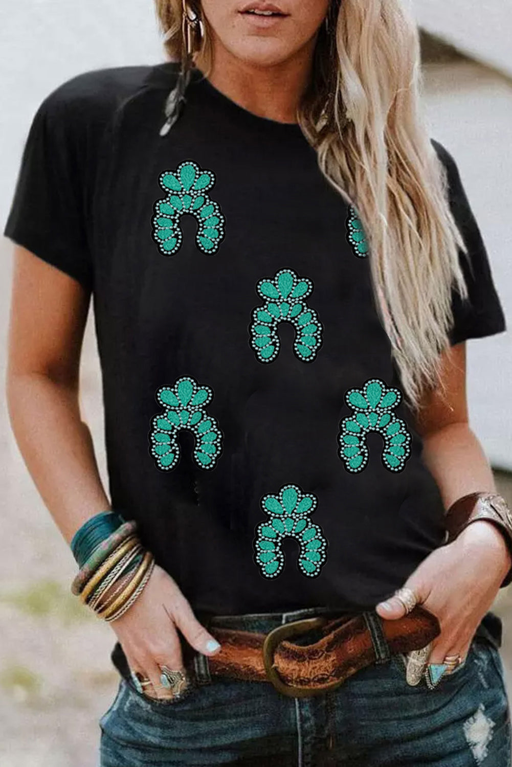 Black Western Turquoise Pattern Sequin Patched T Shirt Graphic Tees JT's Designer Fashion