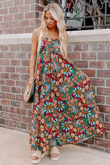 Black Boho Floral Print Thin Straps Sleeveless High Waist Maxi Dress Floral Dresses JT's Designer Fashion