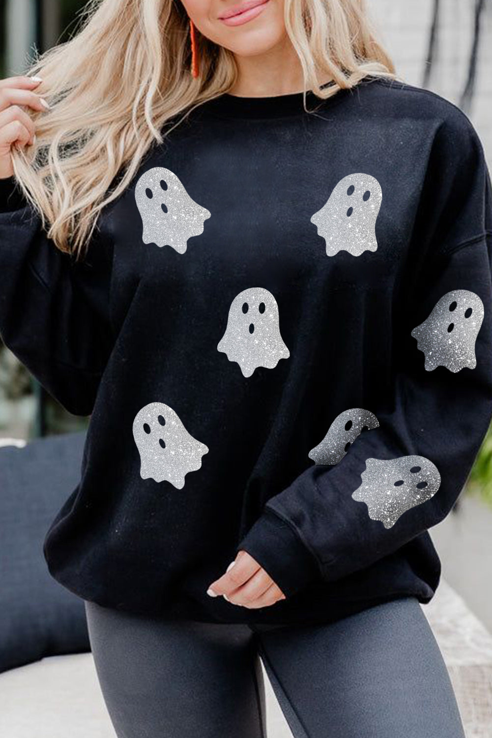 Black Glitter Ghost Pattern Crew Neck Halloween Sweatshirt Graphic Sweatshirts JT's Designer Fashion