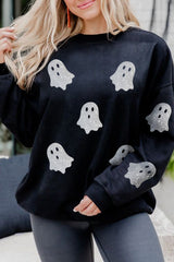 Black Glitter Ghost Pattern Crew Neck Halloween Sweatshirt Graphic Sweatshirts JT's Designer Fashion